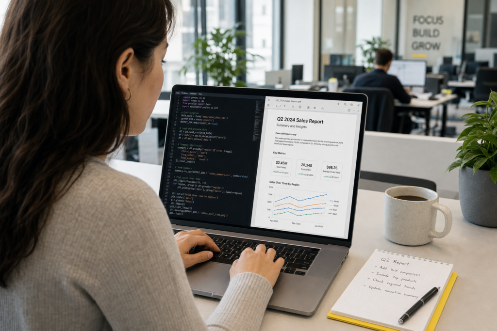 Een data-analist werkt met Claude Code en een Python-script