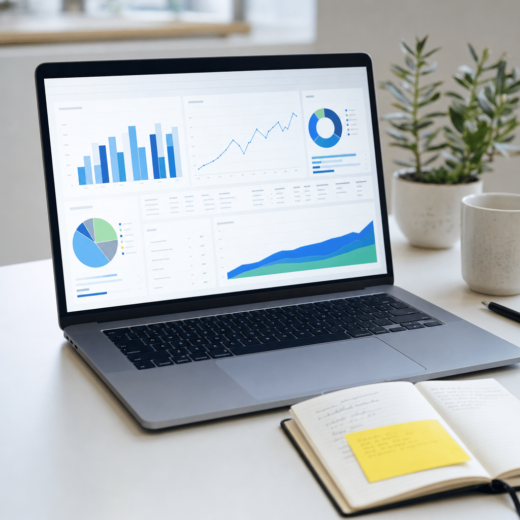 Laptop met dashboard op bureau, notitieblok met gele sticky note