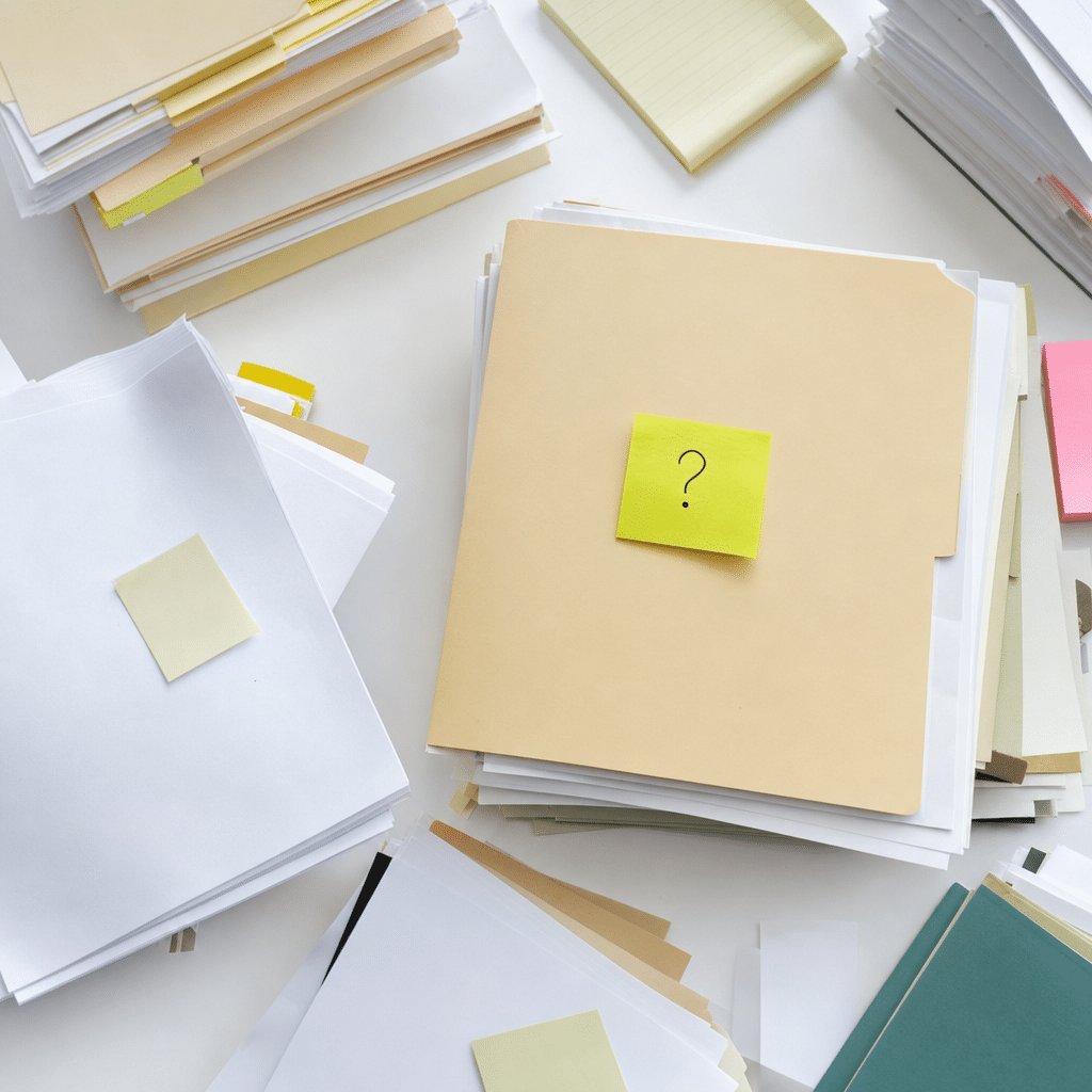 Versnipperde data in mappen en stapels papier