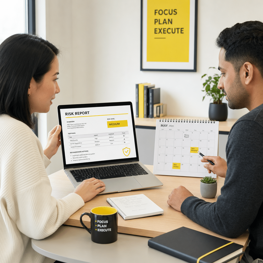 Twee collega's bespreken een AI-risicorapport op een laptop naast een fysieke planning