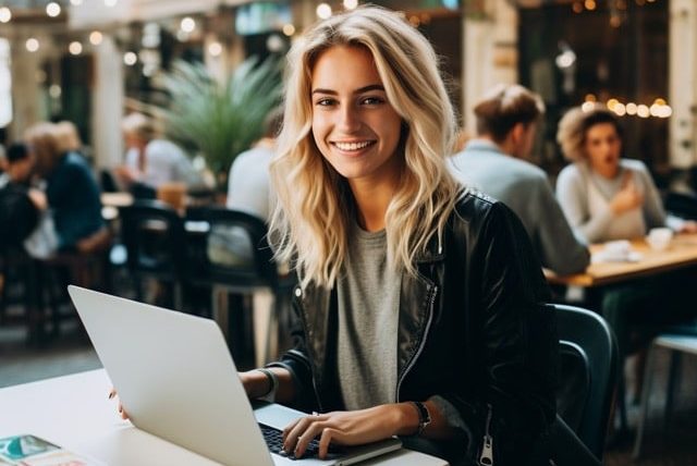 Blonde vrouw aan het werk op laptop Data Qualified